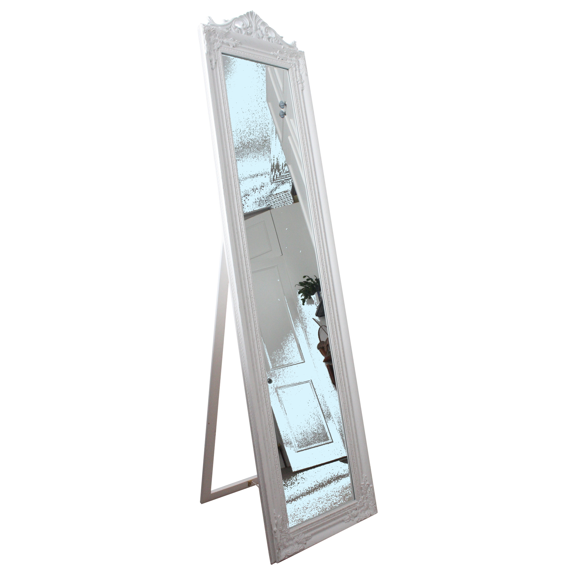 Ornate Free Standing Cheval Mirror White w/ Gold Detailing